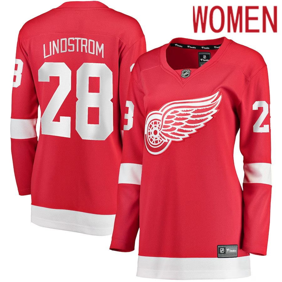 Women Detroit Red Wings 28 Gustav Lindstrom Fanatics Branded Red Home Breakaway Player NHL Jersey